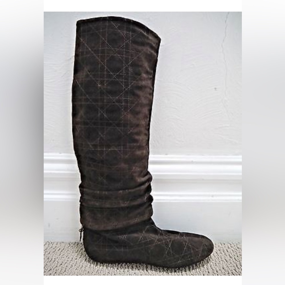 CHRISTIAN DIOR CANNAGE dark brown quilt suede knee high flat boots